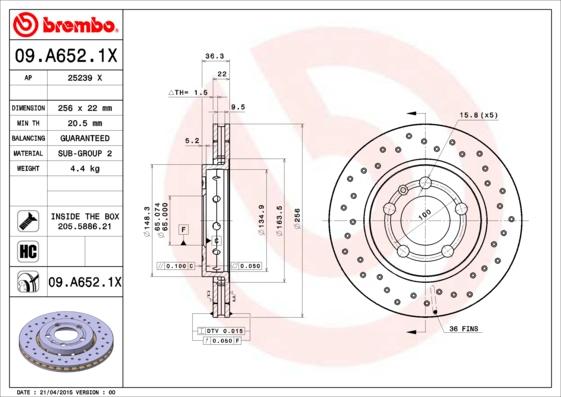 Brembo 09.A652.1X - Disque de frein cwaw.fr