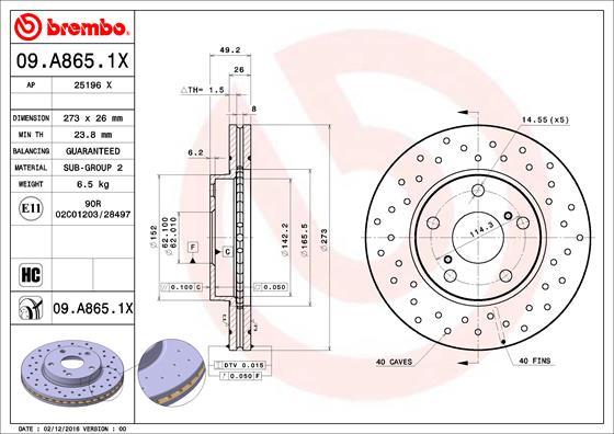 Brembo 09.A865.1X - Disque de frein cwaw.fr