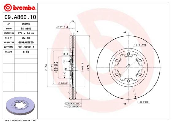 Brembo 09.A860.10 - Disque de frein cwaw.fr