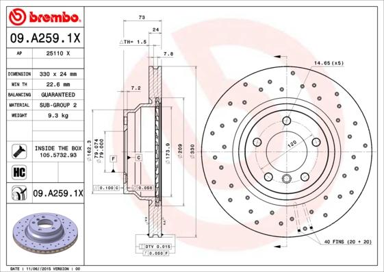 Brembo 09.A259.1X - Disque de frein cwaw.fr