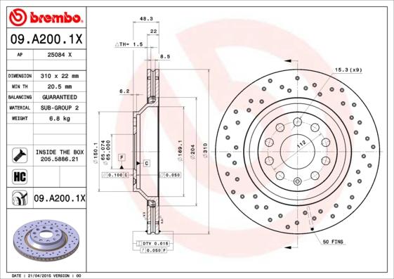 Brembo 09.A200.1X - Disque de frein cwaw.fr