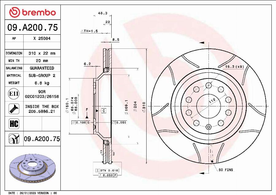 Brembo 09.A200.75 - Disque de frein cwaw.fr