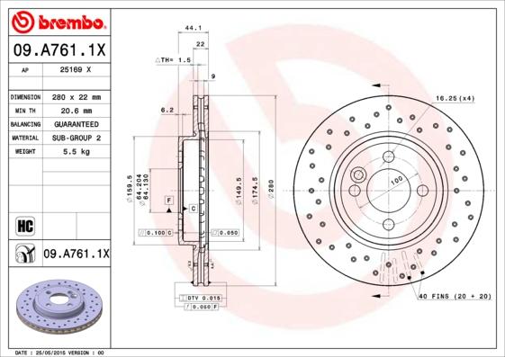 Brembo 09.A761.1X - Disque de frein cwaw.fr