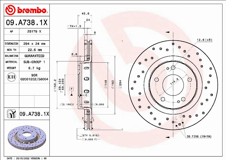 Brembo 09.A738.1X - Disque de frein cwaw.fr