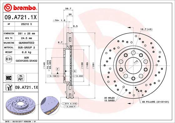 Brembo 09.A721.1X - Disque de frein cwaw.fr