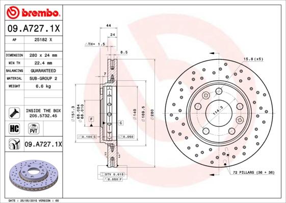 Brembo 09.A727.1X - Disque de frein cwaw.fr