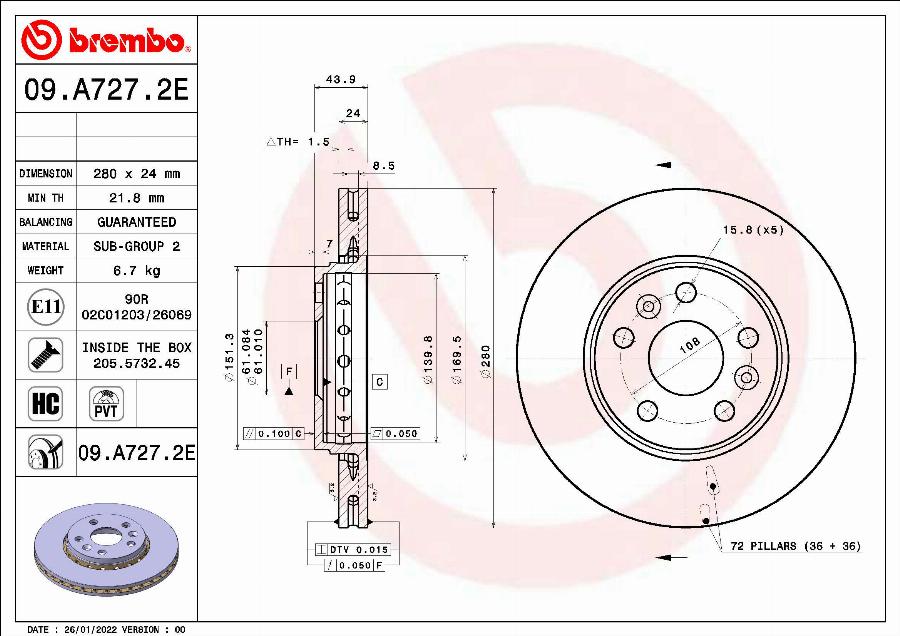 Brembo 09.A727.2E - Disque de frein cwaw.fr