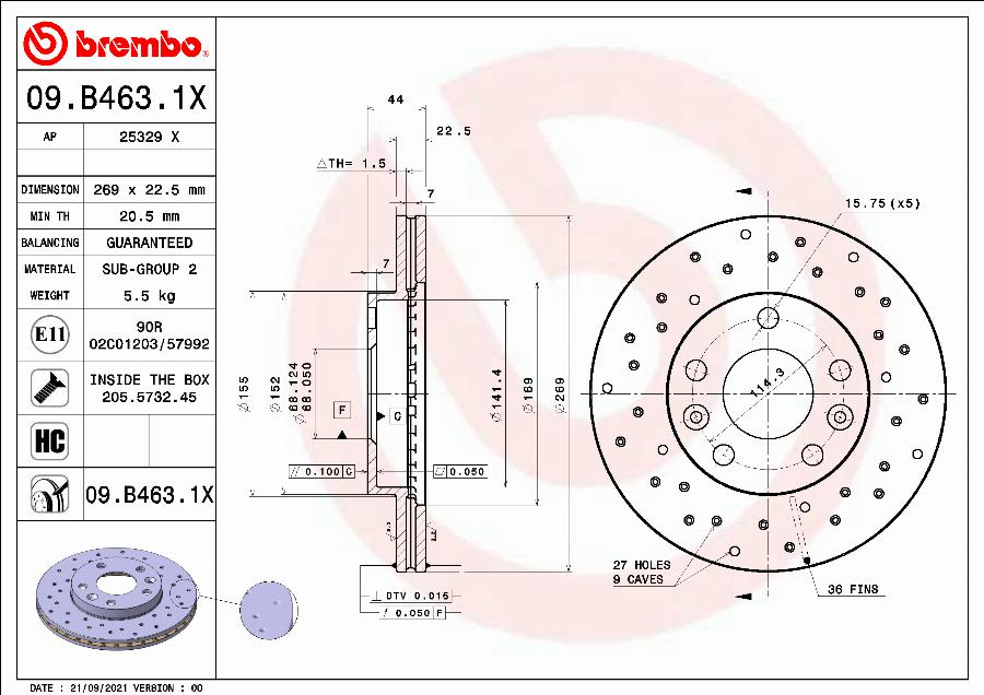 Brembo 09.B463.1X - Disque de frein cwaw.fr