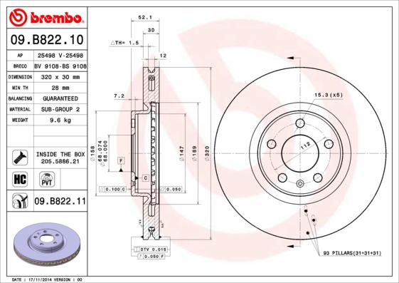 Brembo 09.B822.10 - Disque de frein cwaw.fr