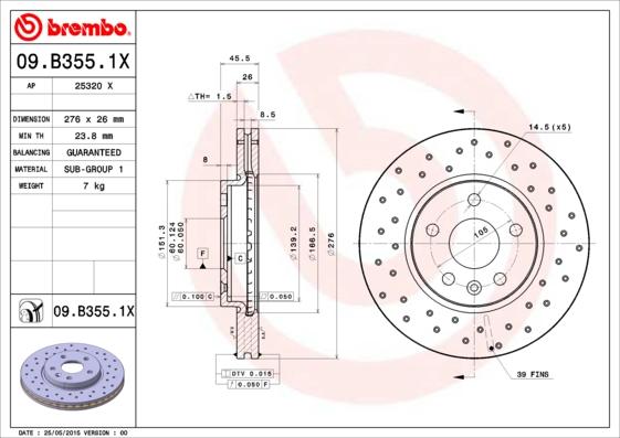 Brembo 09.B355.1X - Disque de frein cwaw.fr