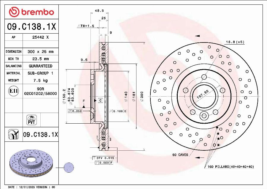 Brembo 09.C138.1X - Disque de frein cwaw.fr