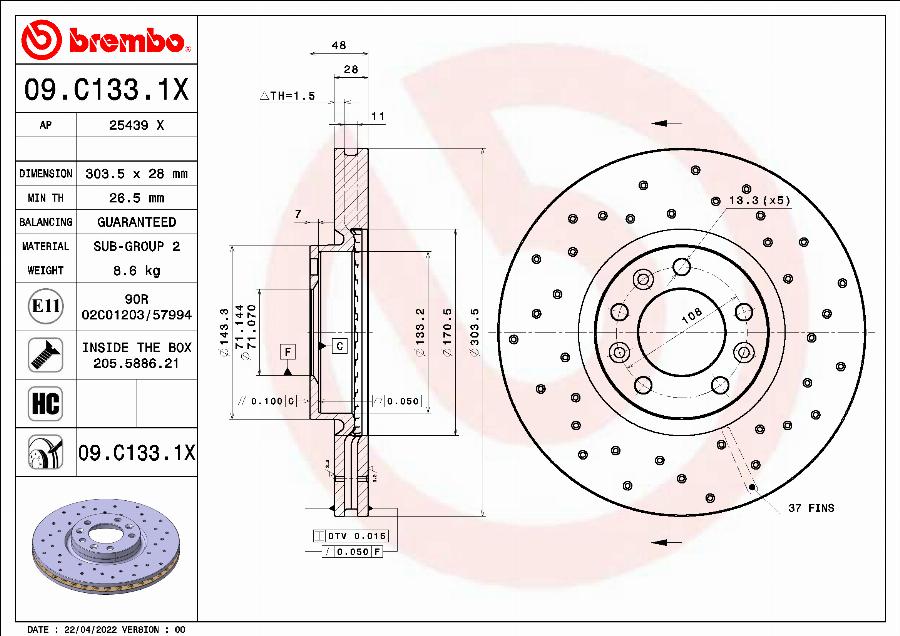 Brembo 09.C133.1X - Disque de frein cwaw.fr