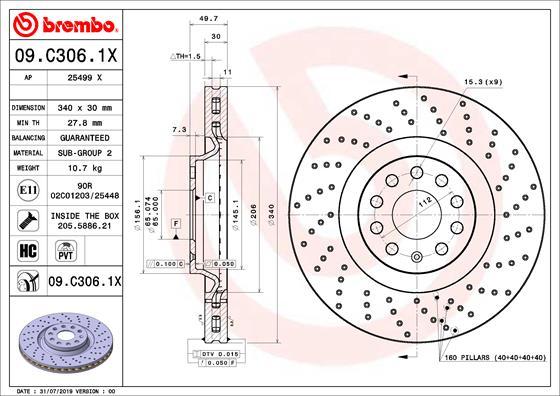 Brembo 09.C306.1X - Disque de frein cwaw.fr