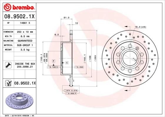 Brembo 08.9502.1X - Disque de frein cwaw.fr