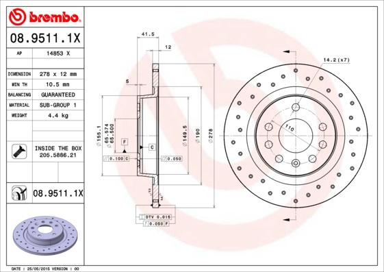 Brembo 08.9511.1X - Disque de frein cwaw.fr