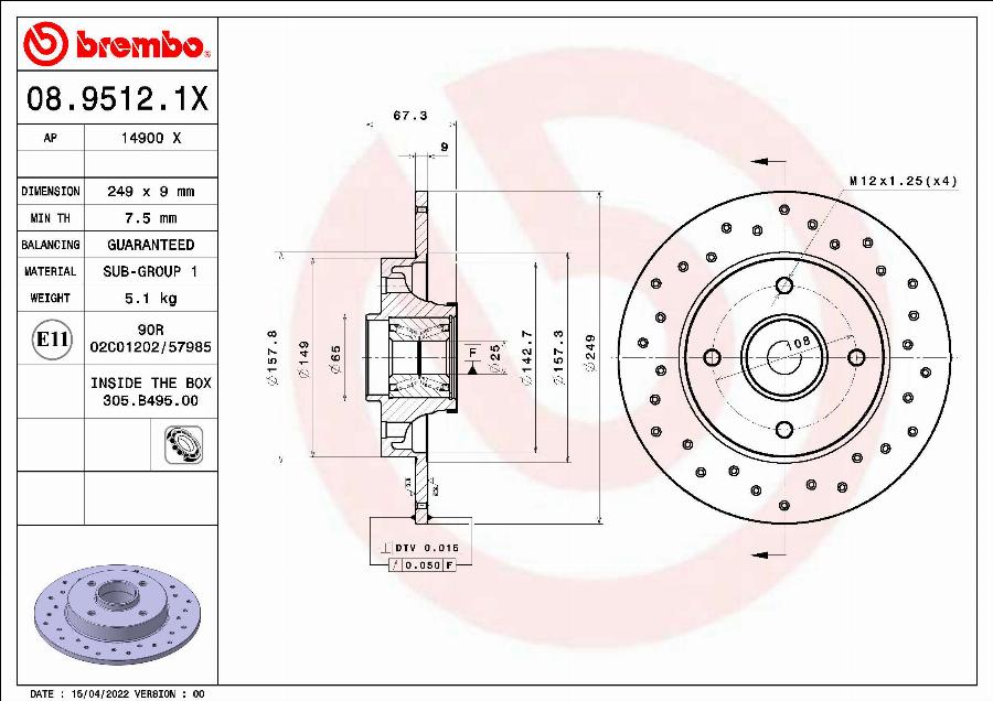 Brembo 08.9512.1X - Disque de frein cwaw.fr