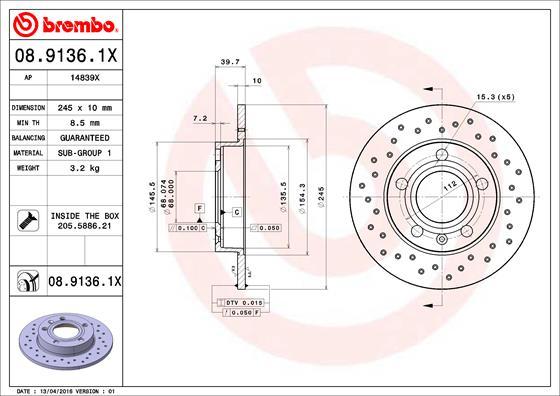 Brembo 08.9136.1X - Disque de frein cwaw.fr