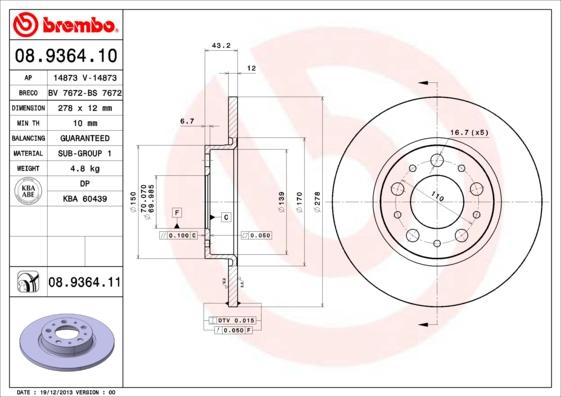 Brembo 08.9364.11 - Disque de frein cwaw.fr