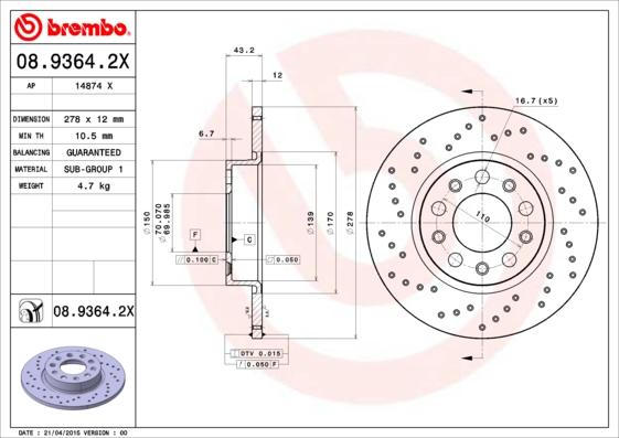 Brembo 08.9364.2X - Disque de frein cwaw.fr