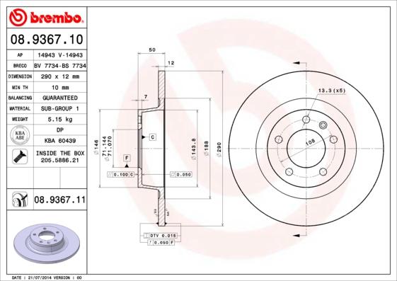 Brembo 08.9367.10 - Disque de frein cwaw.fr