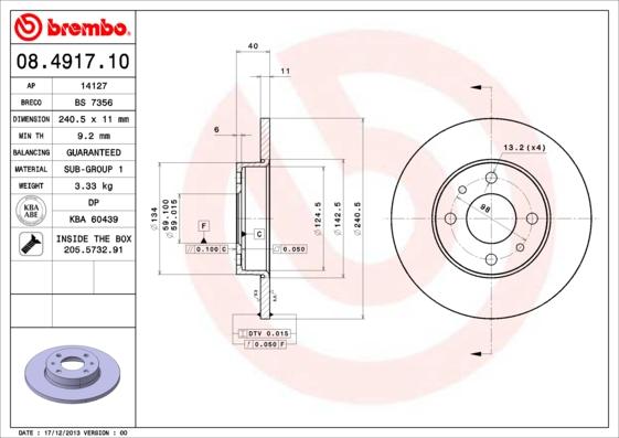 Brembo 08.4917.10 - Disque de frein cwaw.fr