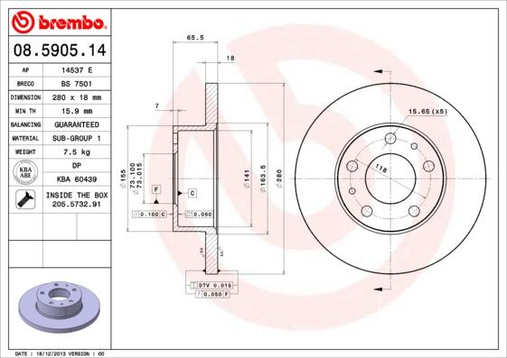 Brembo 08.5905.14 - Disque de frein cwaw.fr