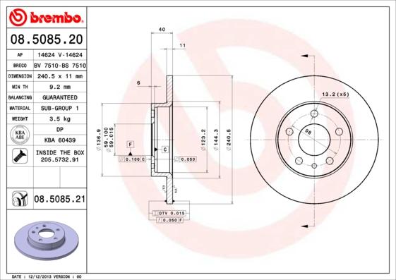 Brembo 08.5085.20 - Disque de frein cwaw.fr