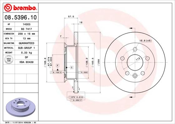 Brembo 08.5396.10 - Disque de frein cwaw.fr