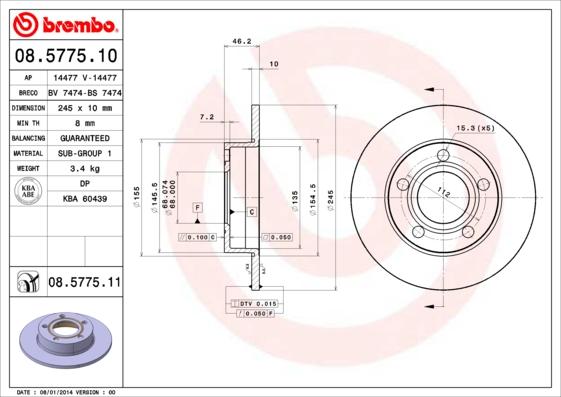 Brembo 08.5775.10 - Disque de frein cwaw.fr