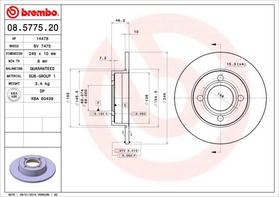 Brembo 08.5775.20 - Disque de frein cwaw.fr