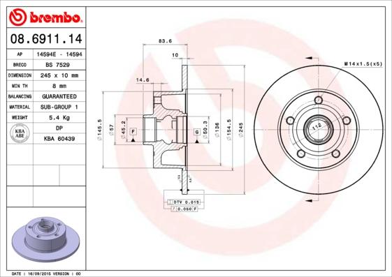 Brembo 08.6911.14 - Disque de frein cwaw.fr