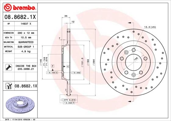 Brembo 08.8682.1X - Disque de frein cwaw.fr