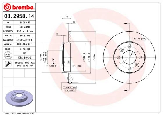 Brembo 08.2958.14 - Disque de frein cwaw.fr