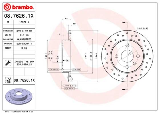 Brembo 08.7626.1X - Disque de frein cwaw.fr