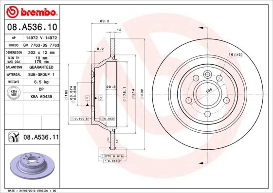 Brembo 08.A536.10 - Disque de frein cwaw.fr