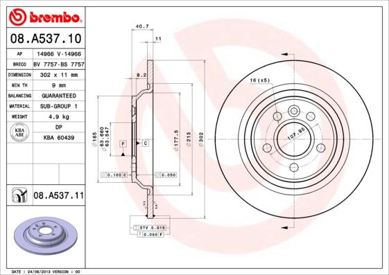 Brembo 08.A537.10 - Disque de frein cwaw.fr