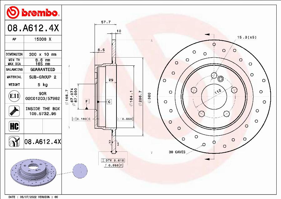 Brembo 08.A612.4X - Disque de frein cwaw.fr