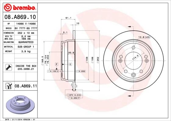 Brembo 08.A869.10 - Disque de frein cwaw.fr