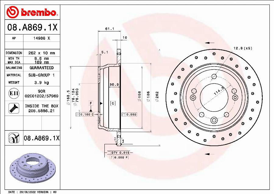 Brembo 08.A869.1X - Disque de frein cwaw.fr