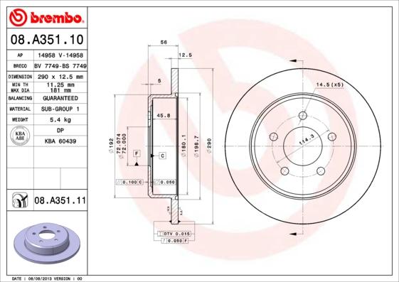 Brembo 08.A351.10 - Disque de frein cwaw.fr