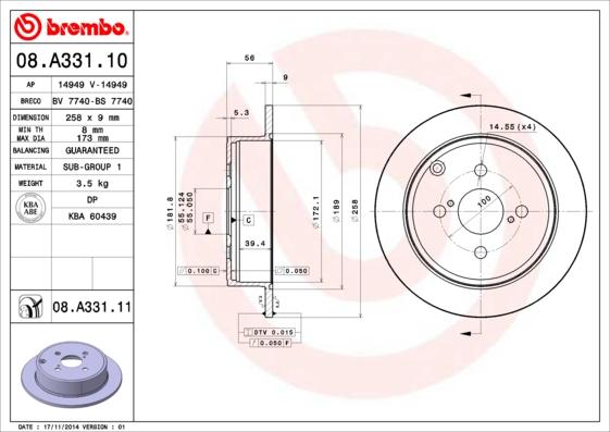 Brembo 08.A331.10 - Disque de frein cwaw.fr