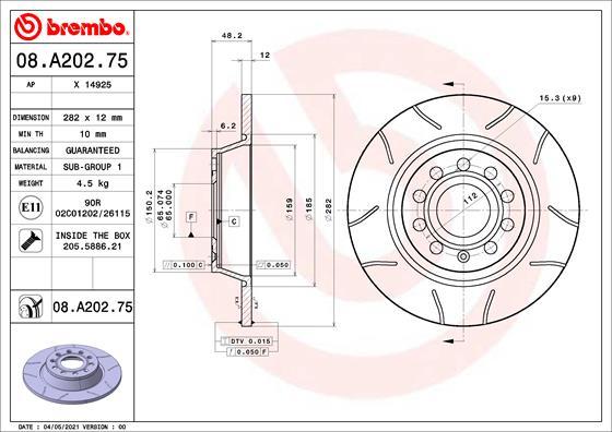 Brembo 08.A202.75 - Disque de frein cwaw.fr