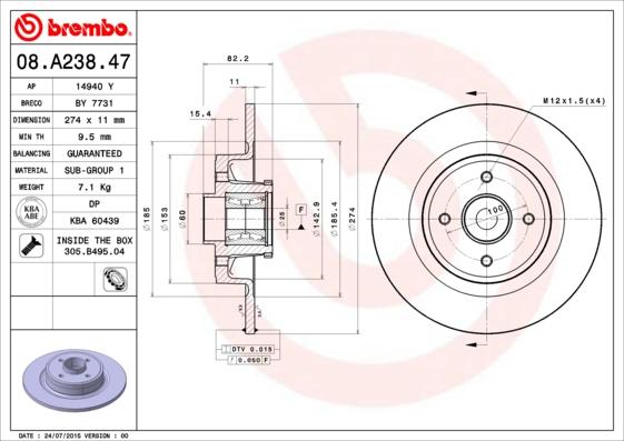 Brembo 08.A238.47 - Disque de frein cwaw.fr