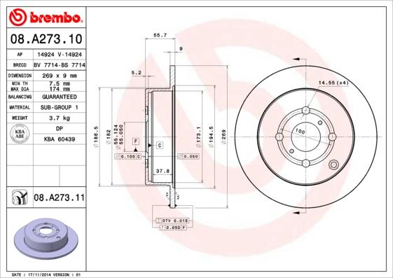 Brembo 08.A273.10 - Disque de frein cwaw.fr