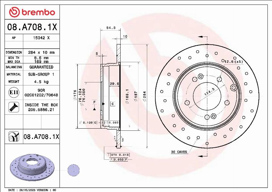 Brembo 08.A708.1X - Disque de frein cwaw.fr