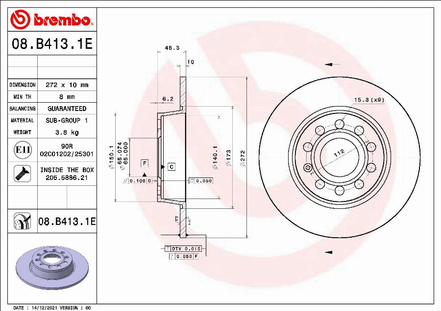 Brembo 08.B413.1E - Disque de frein cwaw.fr