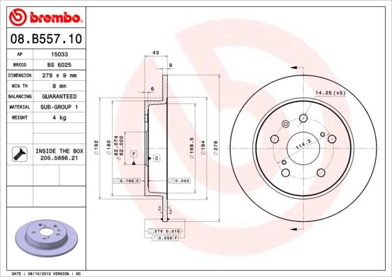 Brembo 08.B557.10 - Disque de frein cwaw.fr