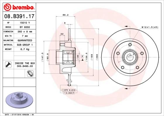 Brembo 08.B391.17 - Disque de frein cwaw.fr