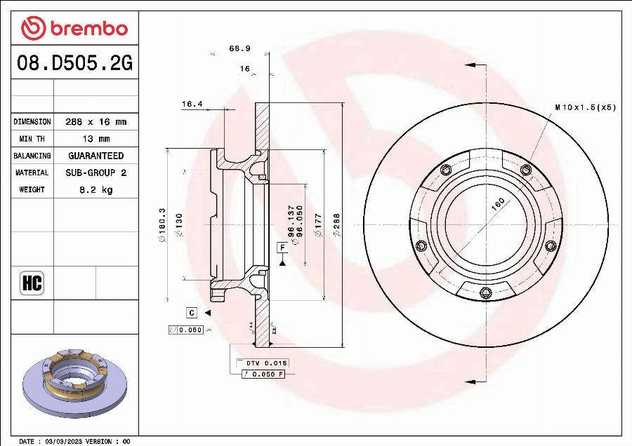 Brembo 08.D505.2G - Disque de frein cwaw.fr