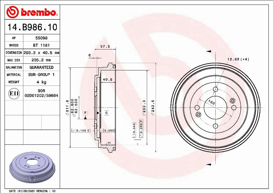 Brembo 14.B986.10 - Tambour de frein cwaw.fr